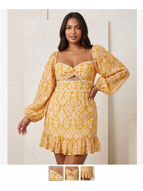NWT Luna Mini Dress Women's Yellow Geometric Ikat Boho Cut Out Balloon Sleeve Ru